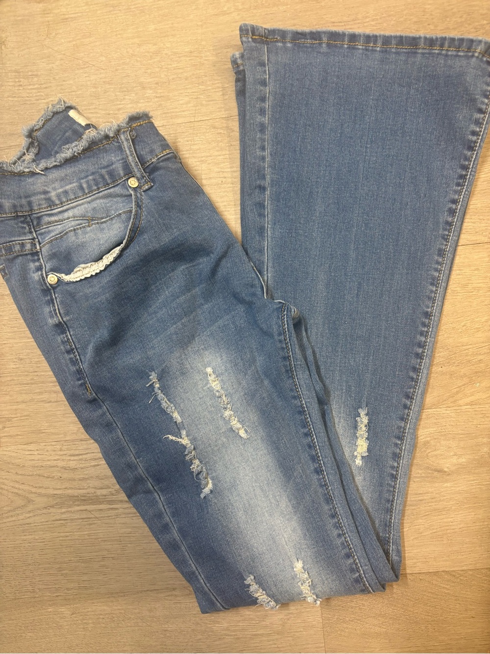 High-Rise Frayed Hem Blue Flare Jeans for Women